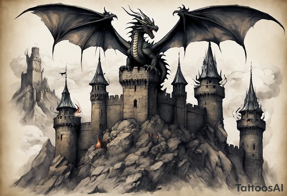 In this striking tattoo concept, three fierce and realistic dragons with distinct characteristics fiercely patrol the highest spires of an ancient castle, guarding it against an irate village of angry villagers wielding torches and makeshift weapons. The castle, adorned with Gothic-inspired architecture, stands as a testament to time and history, with the dragons' intricate scales and wings, ranging from fiery crimson to glacial blue and rugged stone-like textures, rendered in meticulous detail. The contrasting emotions of fury, determination, and desperation are vividly portrayed in the villagers' expressions. This hyper-realistic composition blends medieval fantasy, mythology, and human emotion, promising to be a mesmerizing and awe-inspiring masterpiece etched into your skin tattoo idea