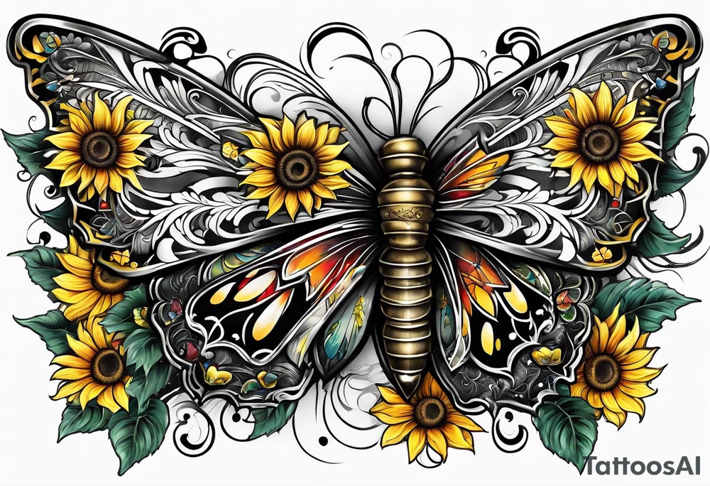 Winged cross with sunflower and butterflies tattoo idea