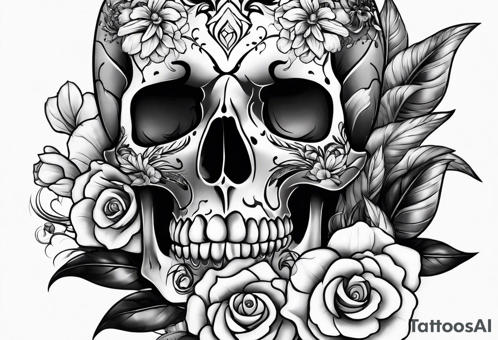 Skull and flowers arm sleeve tattoo idea