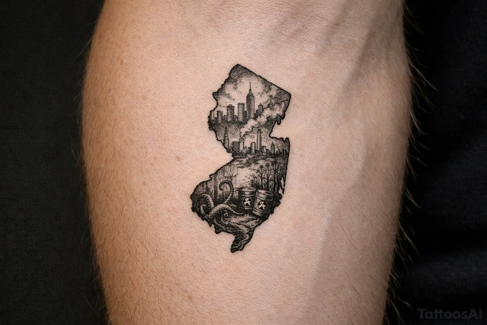 Outline of the shape of New Jersey with a dirty city skyline in the north fading in smog filled refineries in the northern part of central Jersey going into a toxic waste forest with a few tentacles and hazardous waste barrels tattoo idea