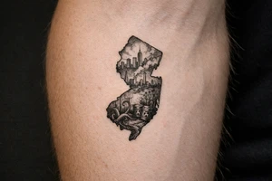 Outline of the shape of New Jersey with a dirty city skyline in the north fading in smog filled refineries in the northern part of central Jersey going into a toxic waste forest with a few tentacles and hazardous waste barrels tattoo idea