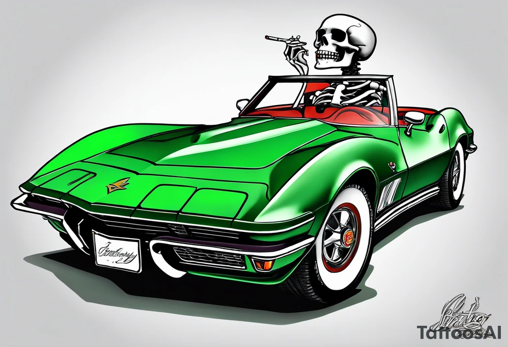 Skeleton smoking a cigarette driving a green 1976 convertible Corvette tattoo idea