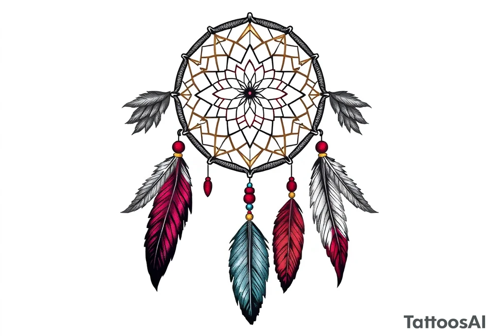 skinny dreamcatcher with feathers and some color tattoo idea