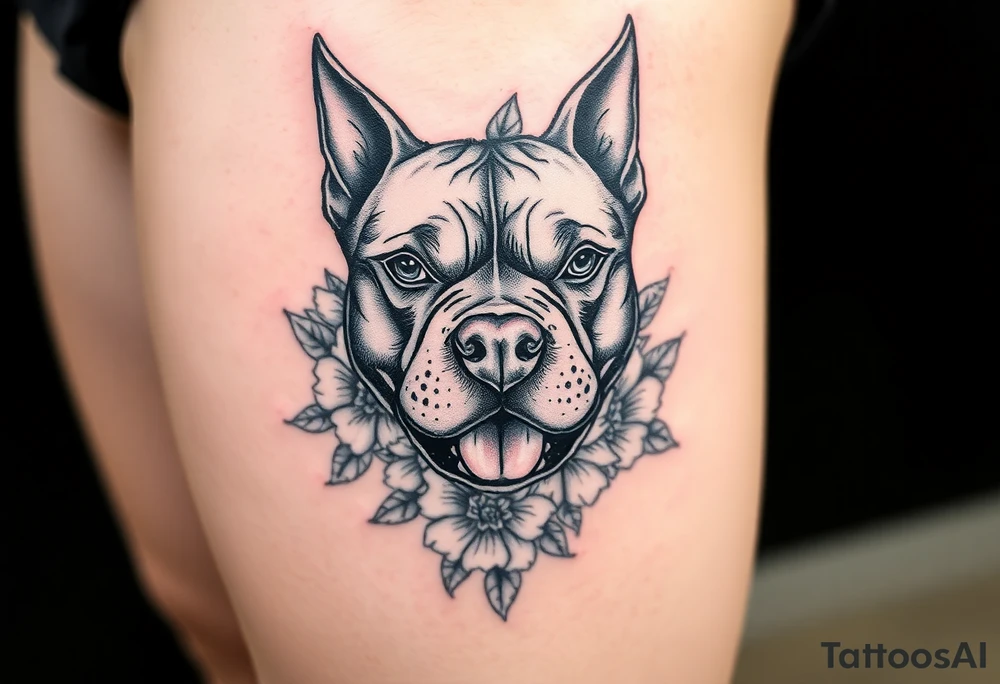 Pitbull head with flowers tattoo idea