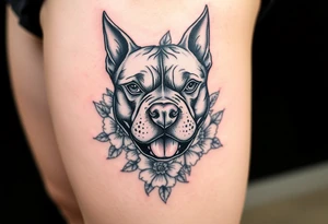 Pitbull head with flowers tattoo idea