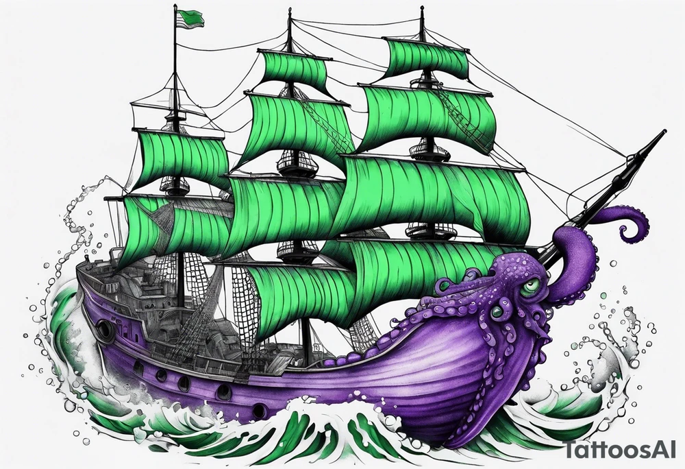 Purple and green octopus breaking ship tattoo idea