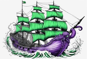 Purple and green octopus breaking ship tattoo idea