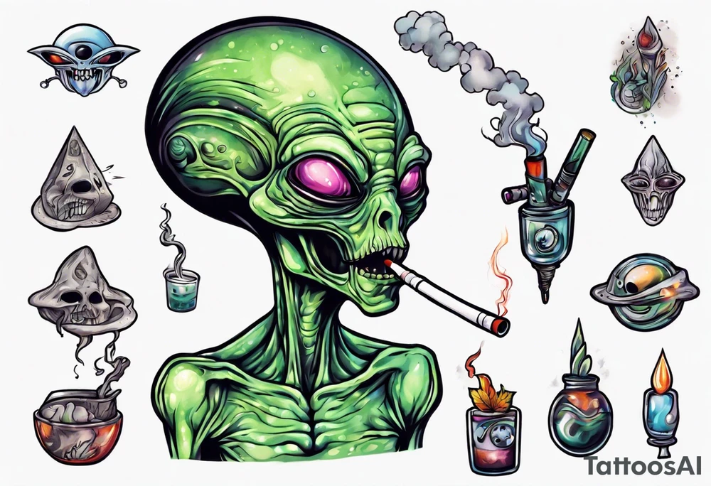 An alien  smoking a spliff tattoo idea