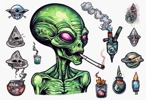 An alien  smoking a spliff tattoo idea