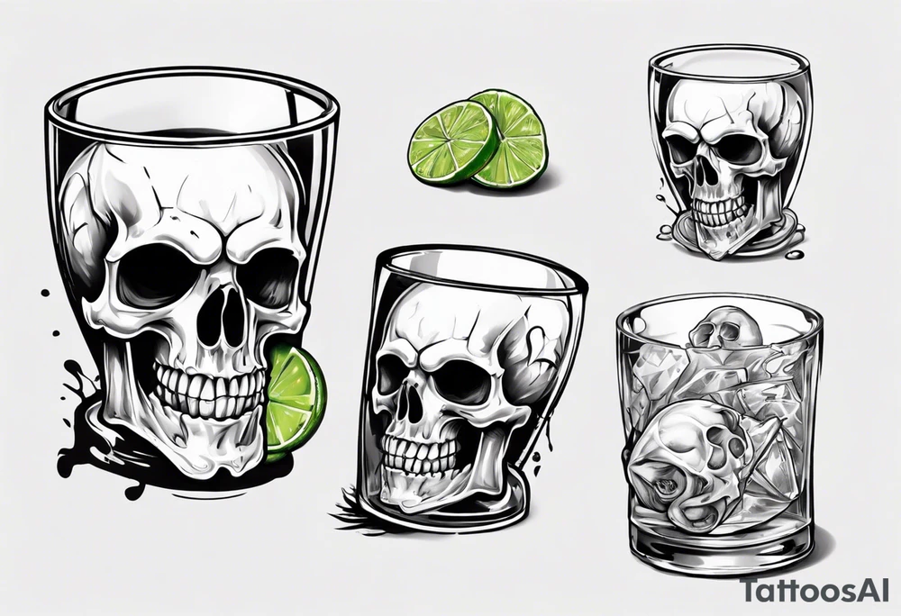 A smiling looking to the left scull inside the glass with alcohol and piece of lime tattoo idea