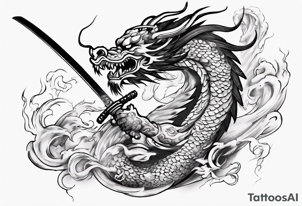 japanese dragon plays with katana tattoo idea