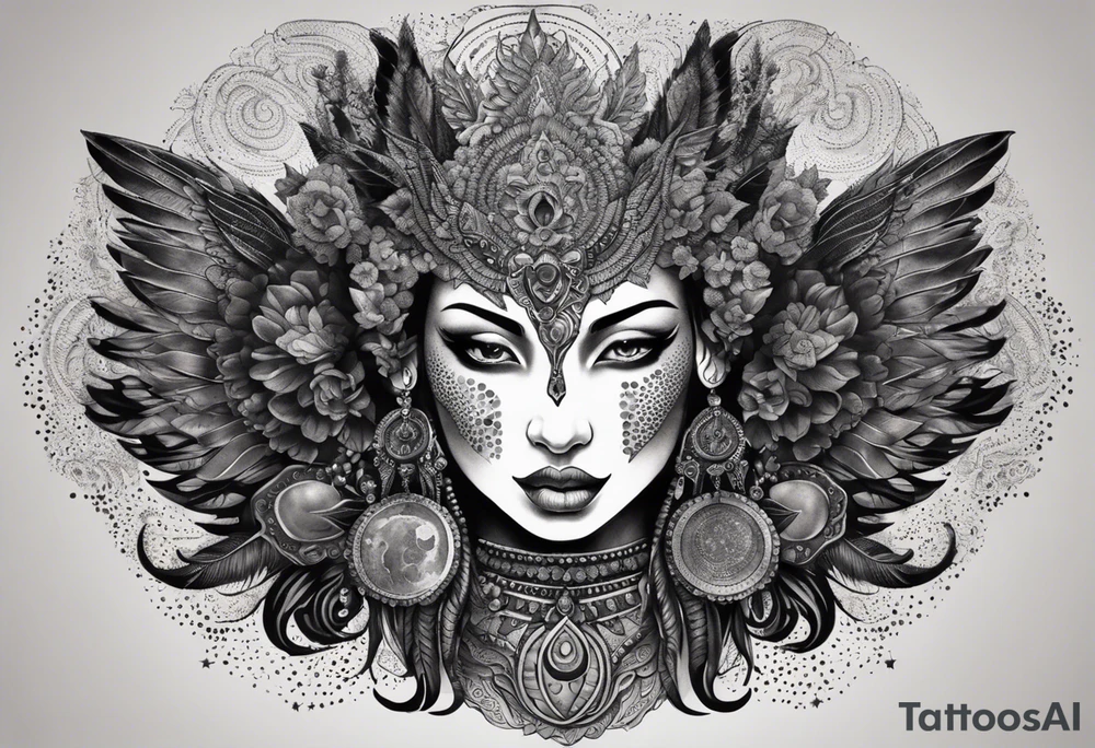 black kali, goddess pirate, alien, angel, pachamama, valkrye, warrior, flying, skull, lotus azul, wing, eagle, zenza resonance, stars, 5D, anahata chakra, death, durga, riding on a tiger, flying lady, kundalini, chest tatoo, samuri, rebel,serpent tattoo idea