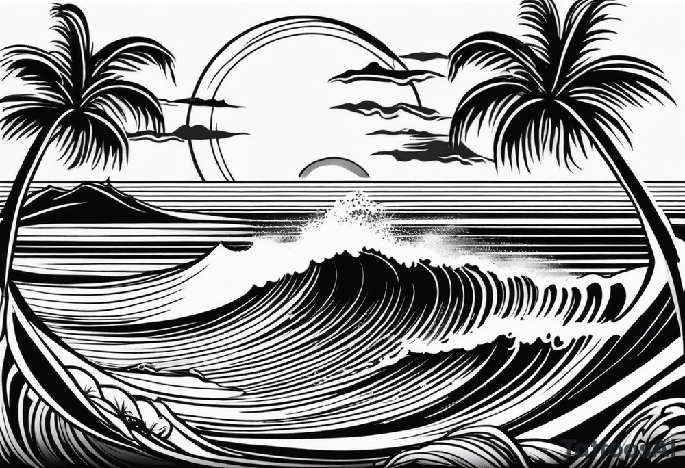 Hawaian beach with a big sun and many waves, only black and white tattoo idea