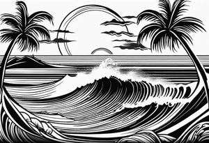 Hawaian beach with a big sun and many waves, only black and white tattoo idea