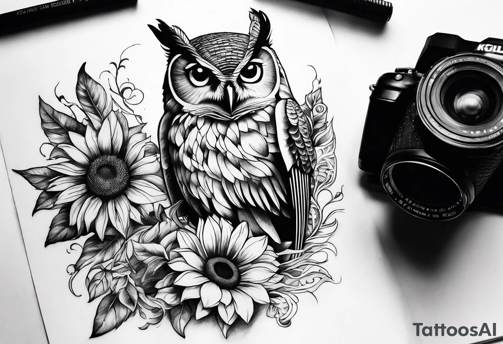 Owl, sunflower, camera, book, peacock tattoo idea