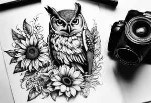 Owl, sunflower, camera, book, peacock tattoo idea