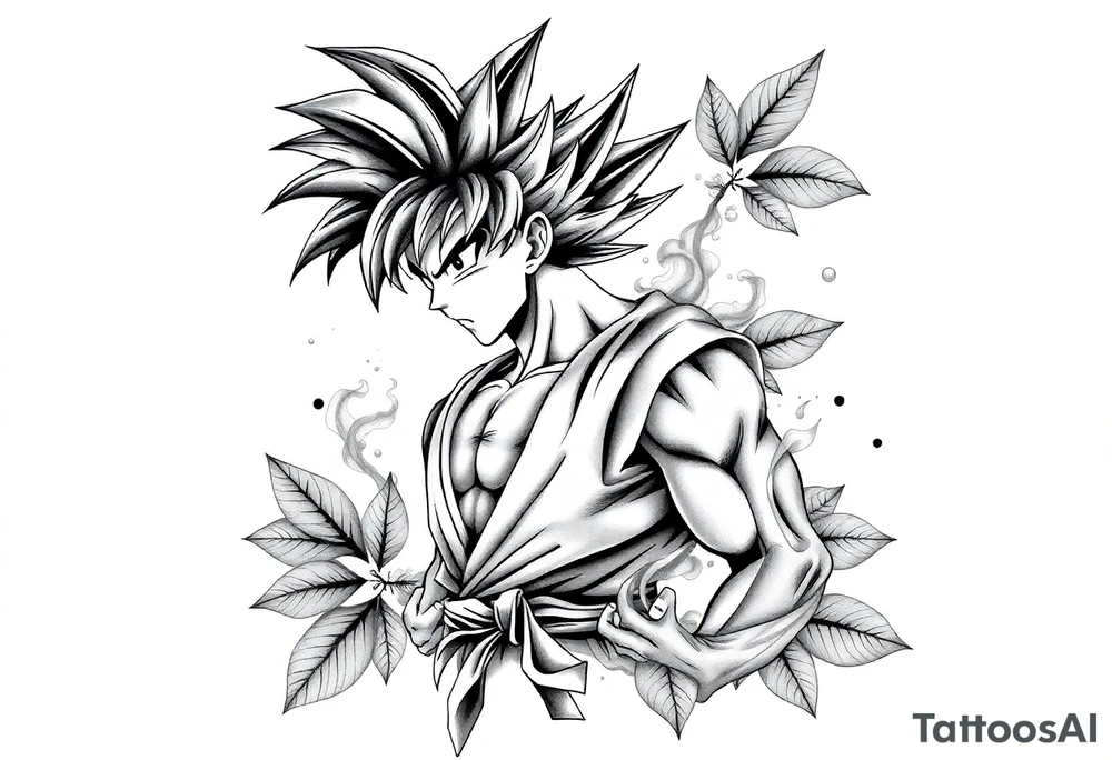 Tattoo design of Son Goku with smoke flowing through his body, surrounded by leaves in negative space effect, featuring soft shading around the edges and dotwork shading inside, with multiple contrast levels throughout. Highly detailed, intricate design with dynamic composition, emphasizing the interaction between the smoke and character, with the negative space leaves creating depth and balance. Professional tattoo art style with clean lines and sophisticated shading techniques. tattoo idea