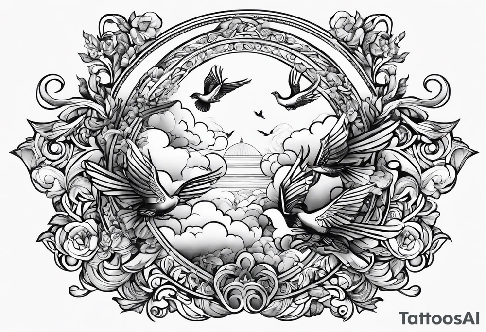 religous arm sleeve with doves clouds tattoo idea