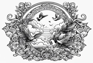 religous arm sleeve with doves clouds tattoo idea