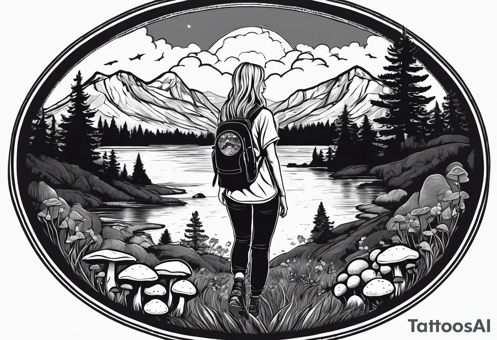 Whole picture encircled fully

Straight long blonde hair hippie girl in distance holding mushrooms in hand facing away toward mountains and creek surrounded by mushrooms long sleeve shirt and hiking pants; whole rendering within a full circle, no cut off circle tattoo idea