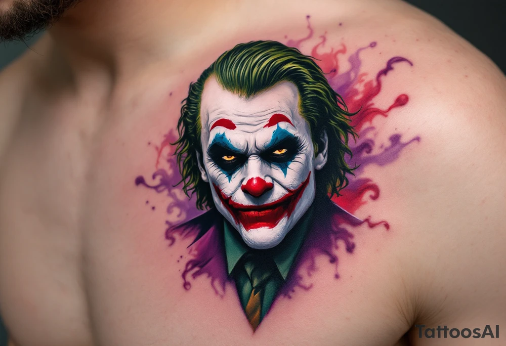 Got it! Here’s a more precise, AI-friendly description for a Joker tattoo:

**A close-up portrait of the Joker with a pale white face, bright red smeared lips forming a wide grin, sharp green slicked-back hair, dark black eyeshadow around piercing yellow eyes, wearing a purple suit collar, with swirling purple and red smoke in the background — colors vivid and contrast sharply for a dramatic effect.** tattoo idea
