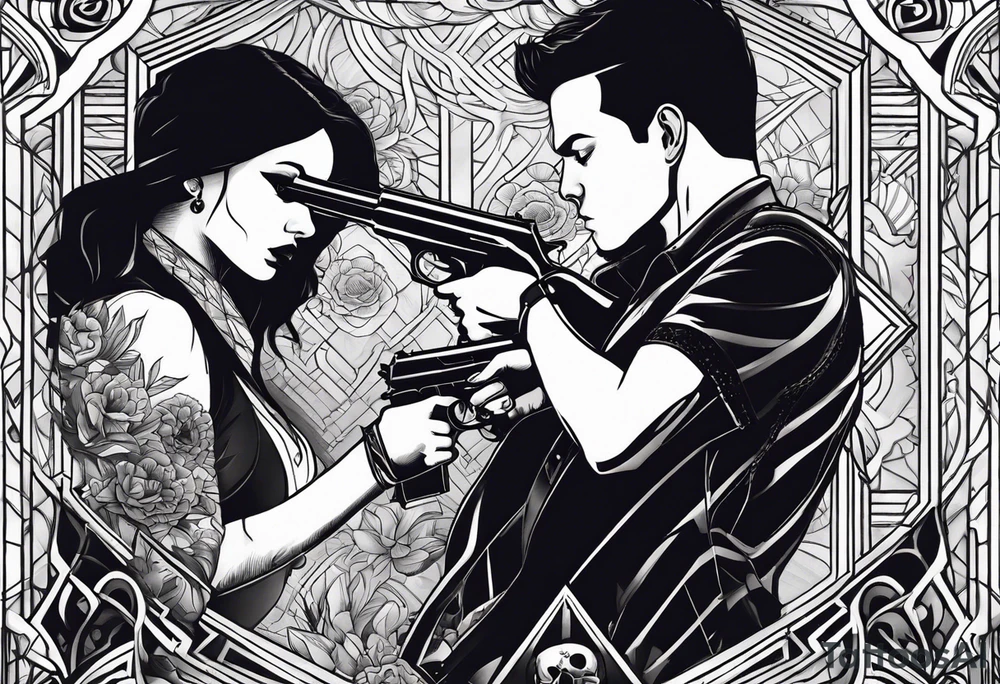 In the reflection of a eye two people holding guns one man dead on the ground with a wounded woman standing behind him tattoo idea