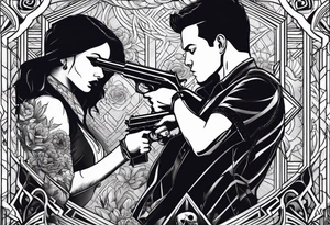 In the reflection of a eye two people holding guns one man dead on the ground with a wounded woman standing behind him tattoo idea