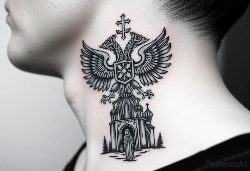 russian coat of arms double headed eagle traditional christian orthodox cross with a virgin mary stood in the entrance of a russian orthodox dome church on the side of the neck in a wilderness setting tattoo idea