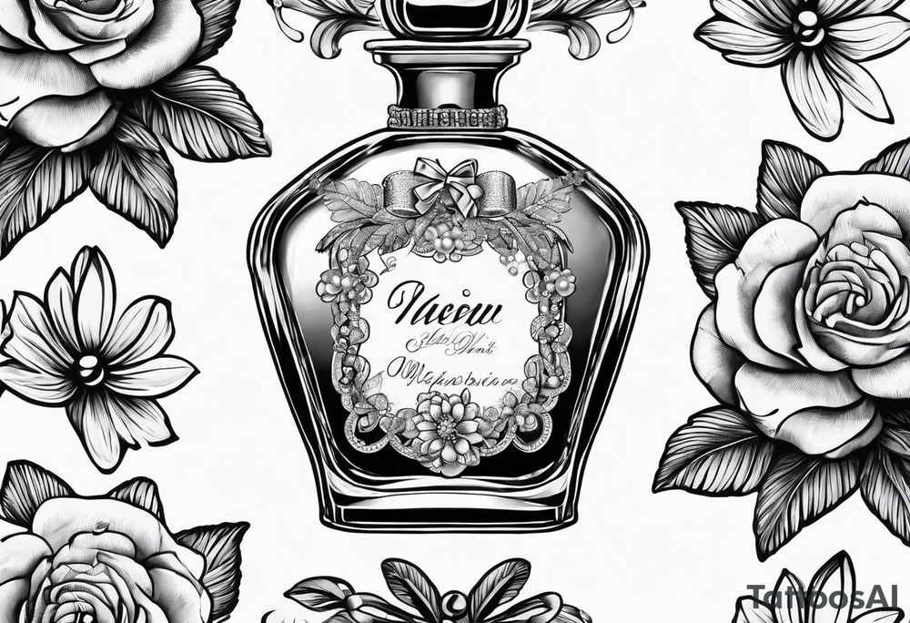 1950s perfume bottle with bows, pearls, lace, and flowers tattoo idea