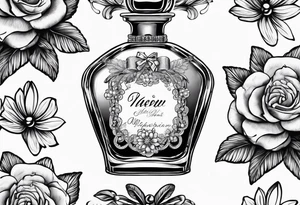 1950s perfume bottle with bows, pearls, lace, and flowers tattoo idea