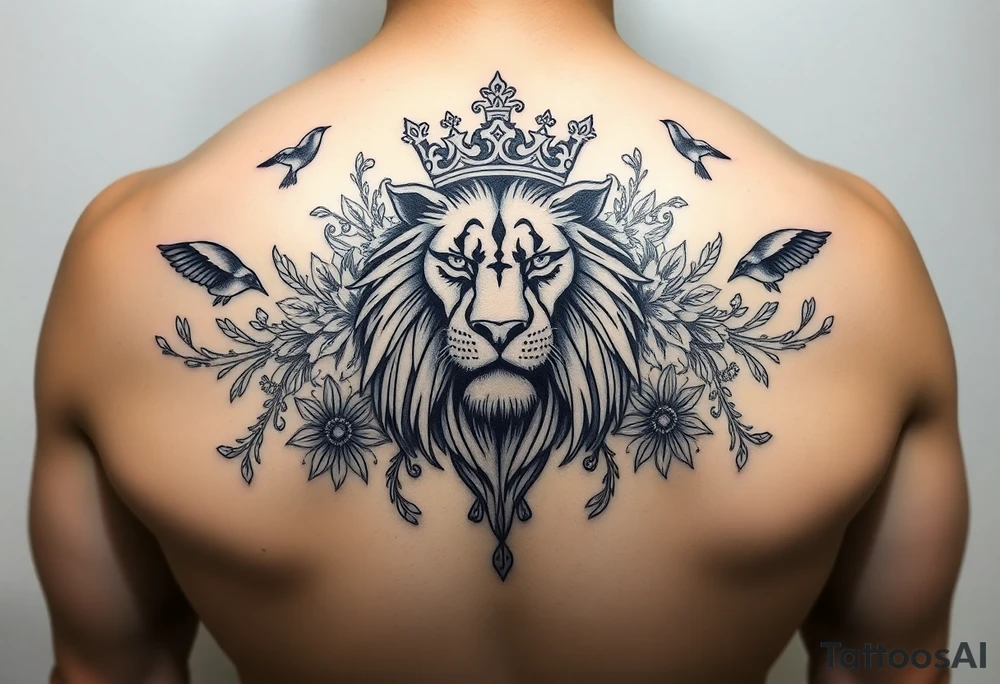 powerful majestic lion with a crown, surrounded by floral ornaments and birds tattoo idea