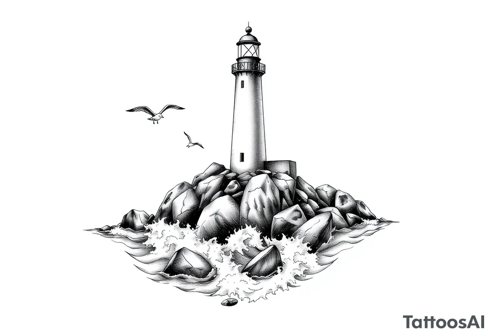 Lighthouse surrounded by a few boulders in the sea with high waves and seagulls flying around tattoo idea