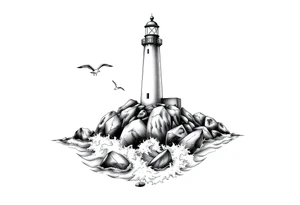 Lighthouse surrounded by a few boulders in the sea with high waves and seagulls flying around tattoo idea