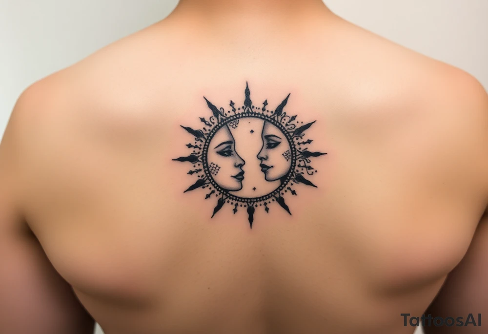 sun and moon with female faces together tattoo idea