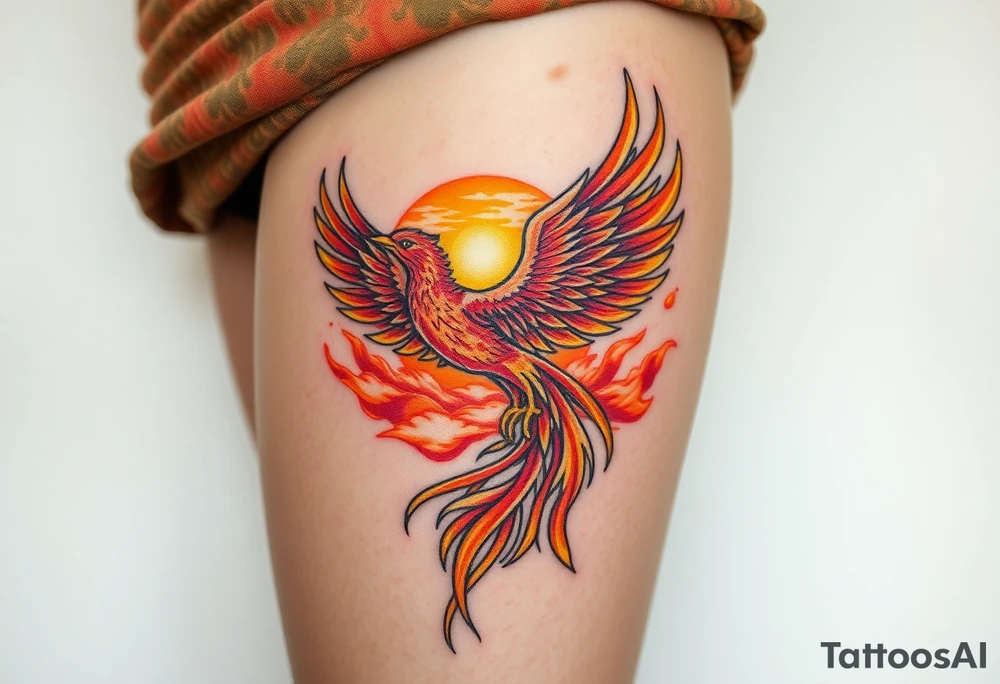 magnificent phoenix rising from flames with trailing embers pinks golds orange and yellows with a golden sunset and sky with puffy clouds and heaven backdrop tattoo idea