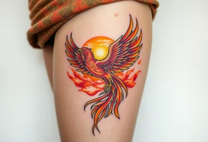magnificent phoenix rising from flames with trailing embers pinks golds orange and yellows with a golden sunset and sky with puffy clouds and heaven backdrop tattoo idea