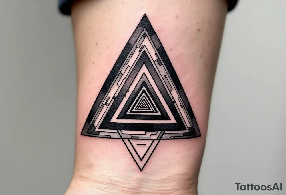 A geometric triangle pattern in black and gray, stacked and repeating like an optical illusion. tattoo idea