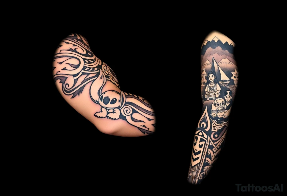 half sleeve, lilo and stitch riding on a turtle, waves, mountains, and then on other side, moana with maui heihei and pua on their boat tattoo idea