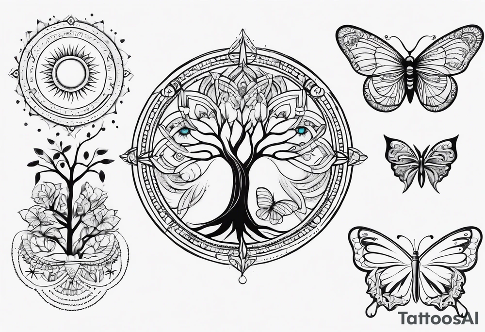 Spiritual mandala tattoo sleeve with 444, eye of Horus, tree of life and butterflies tattoo idea
