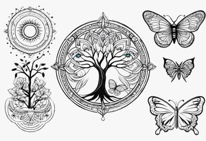 Spiritual mandala tattoo sleeve with 444, eye of Horus, tree of life and butterflies tattoo idea