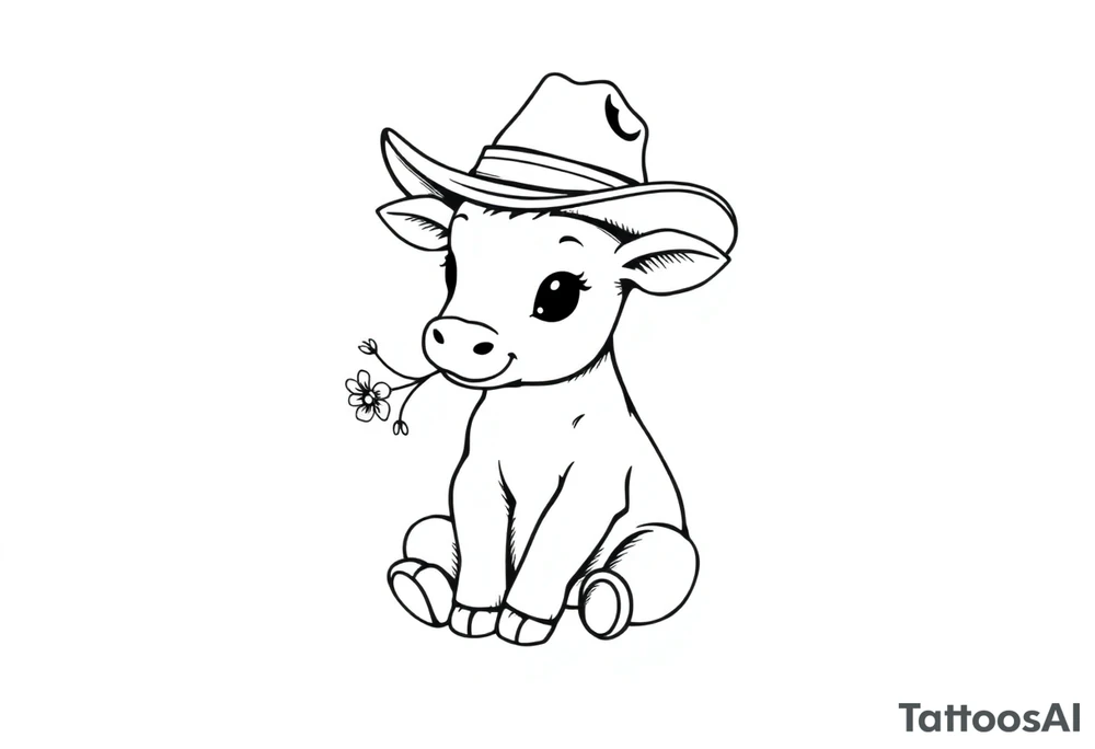 cute black and white baby cow sitting wearing a cowboy hat with a flower in mouth tattoo idea