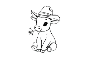 cute black and white baby cow sitting wearing a cowboy hat with a flower in mouth tattoo idea