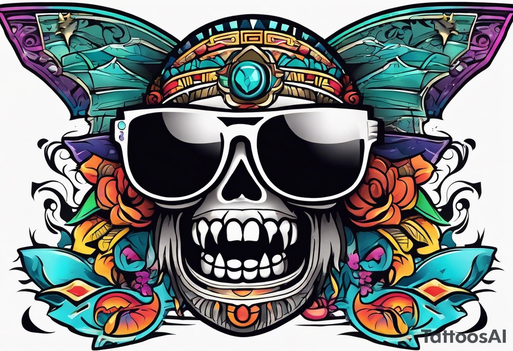 Colorful Mayan hieroglyph wearing sunglasses with bats and water tattoo idea