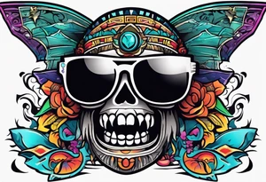 Colorful Mayan hieroglyph wearing sunglasses with bats and water tattoo idea