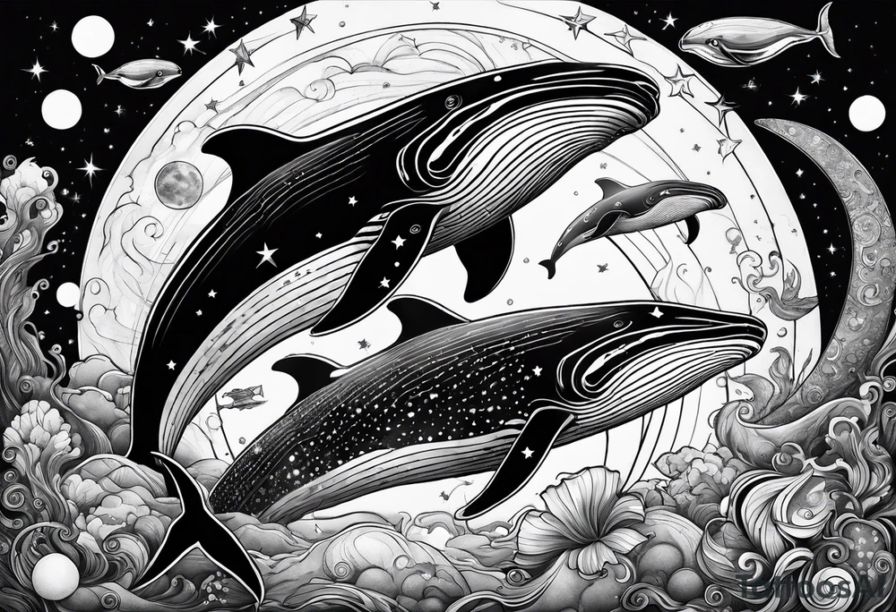 whales in outer space tattoo idea