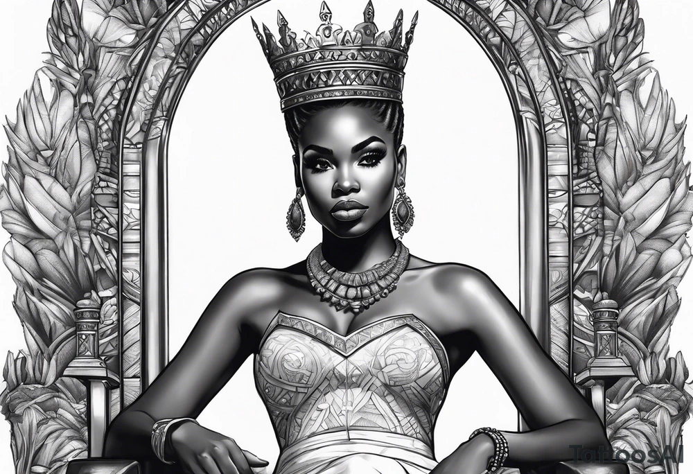 Beautiful black African queen with a crown sitting on a large iron throne tattoo idea