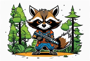 rocket raccoon in a defensive position in a forest tattoo idea