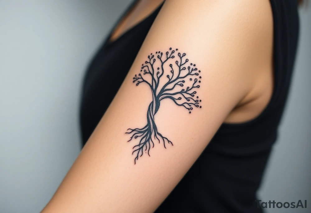 A delicate Amity tree with intertwining roots, shaped into a heart, symbolizing peace and unity, representing sci fi movie Divergent tattoo idea