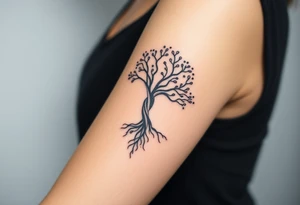 A delicate Amity tree with intertwining roots, shaped into a heart, symbolizing peace and unity, representing sci fi movie Divergent tattoo idea