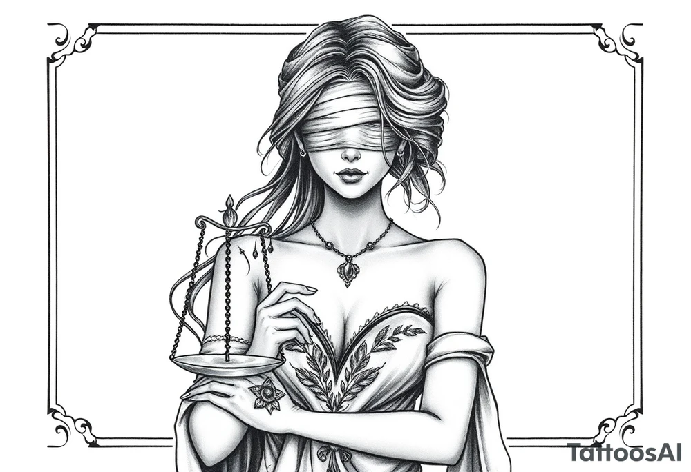 Fortuna's card as a beautiful woman with eyes covered with material, holds a scale in her hands. This character have to be in a card/frame. Do this woman without named tattoo idea